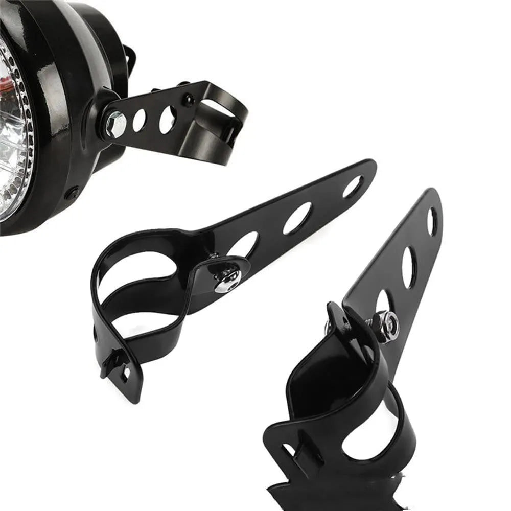 Black iron motorcycle headlamp support bracket pair for fork tube mounting