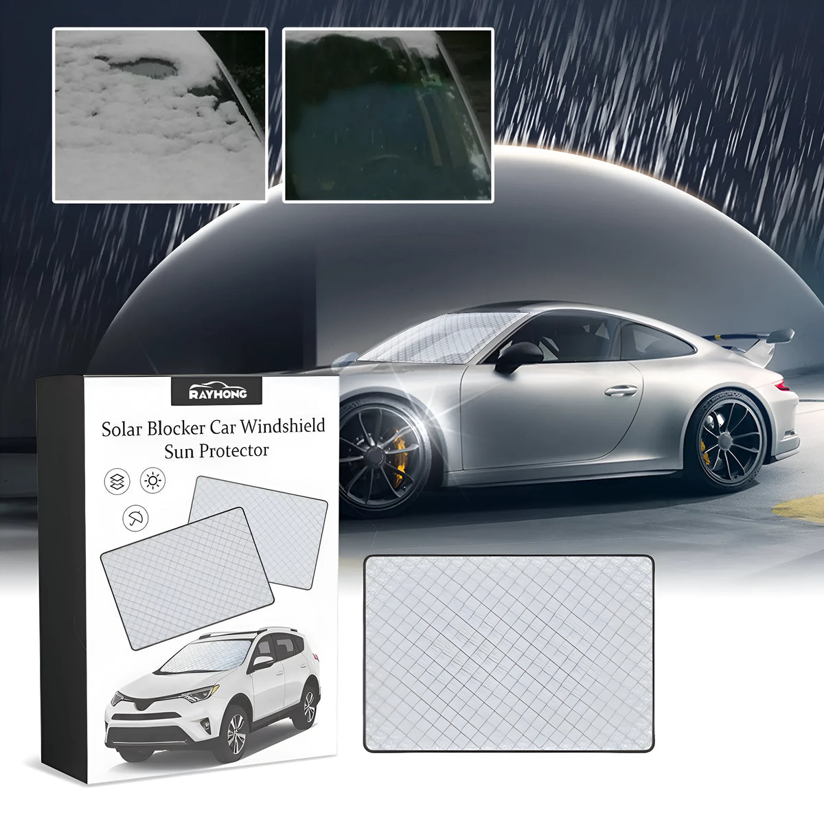 Car windshield aluminium film frost cover shown on vehicle glass with nylon material visible