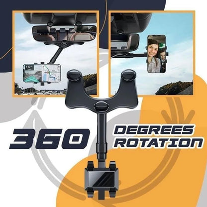 Black rearview mirror phone holder with 360-degree rotation and telescopic arm extended