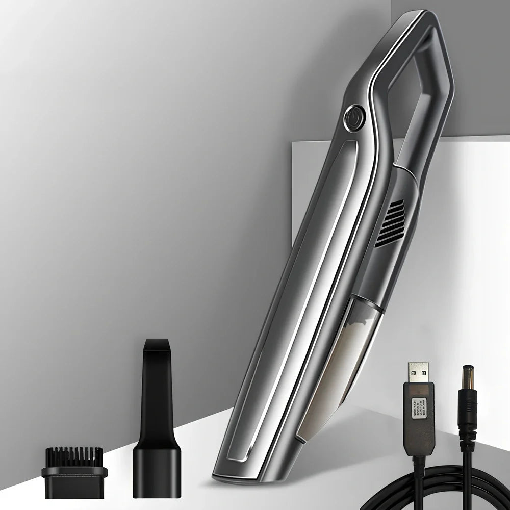 Handheld car vacuum cleaner with long nozzle and brush attachments for cleaning vehicle interiors