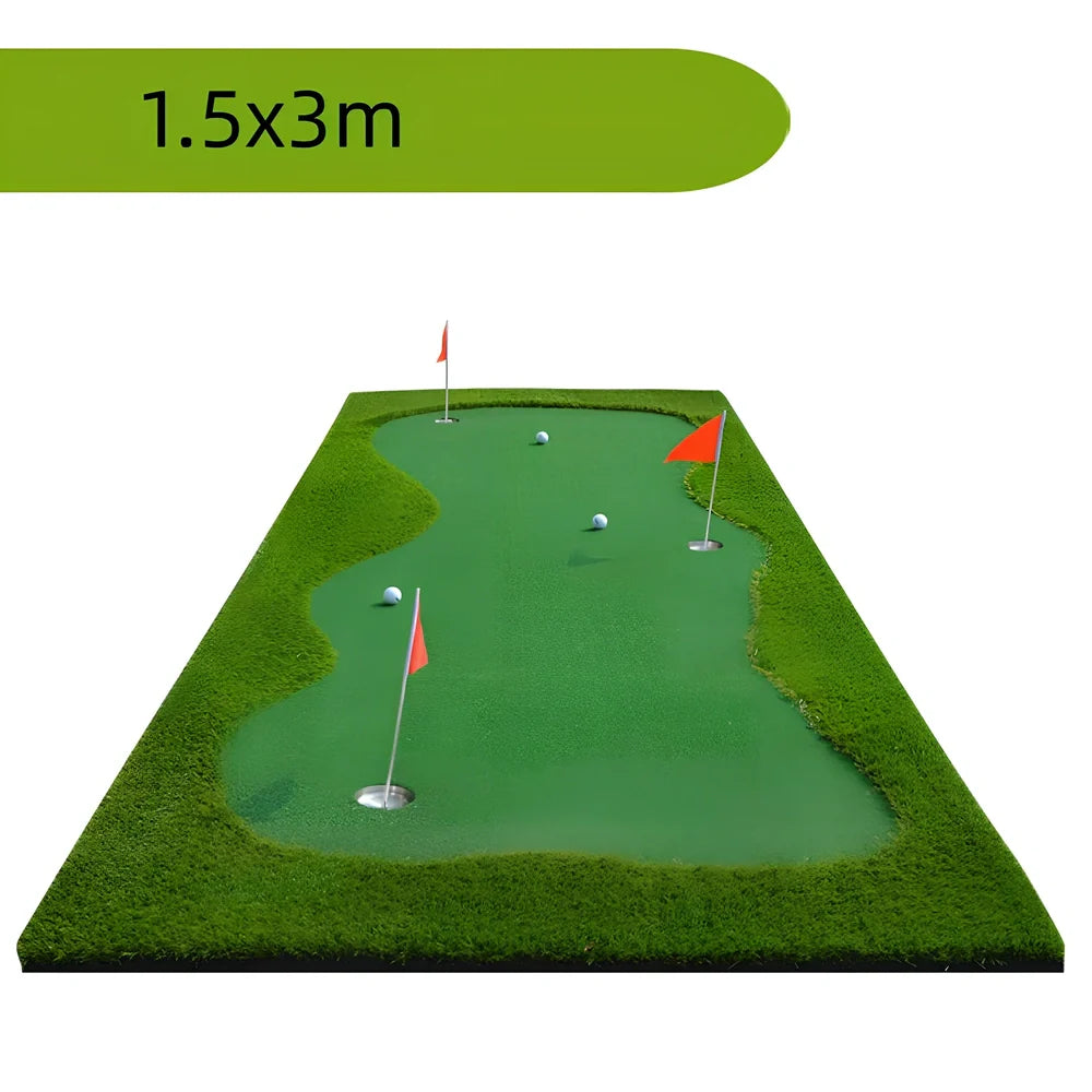 Green artificial turf putting mat measuring 1.5 by 3 metres for indoor golf practice