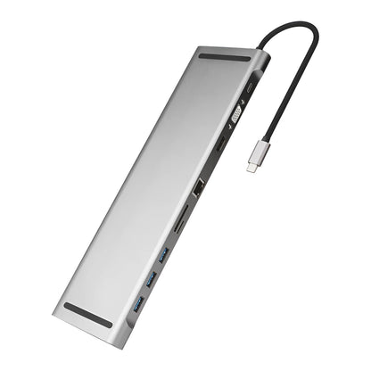 Grey aluminium alloy ten-port docking station with cooling bracket showing HDMI, VGA and USB ports