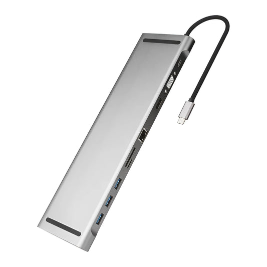 Grey aluminium alloy ten-port docking station with cooling bracket showing HDMI, VGA and USB ports