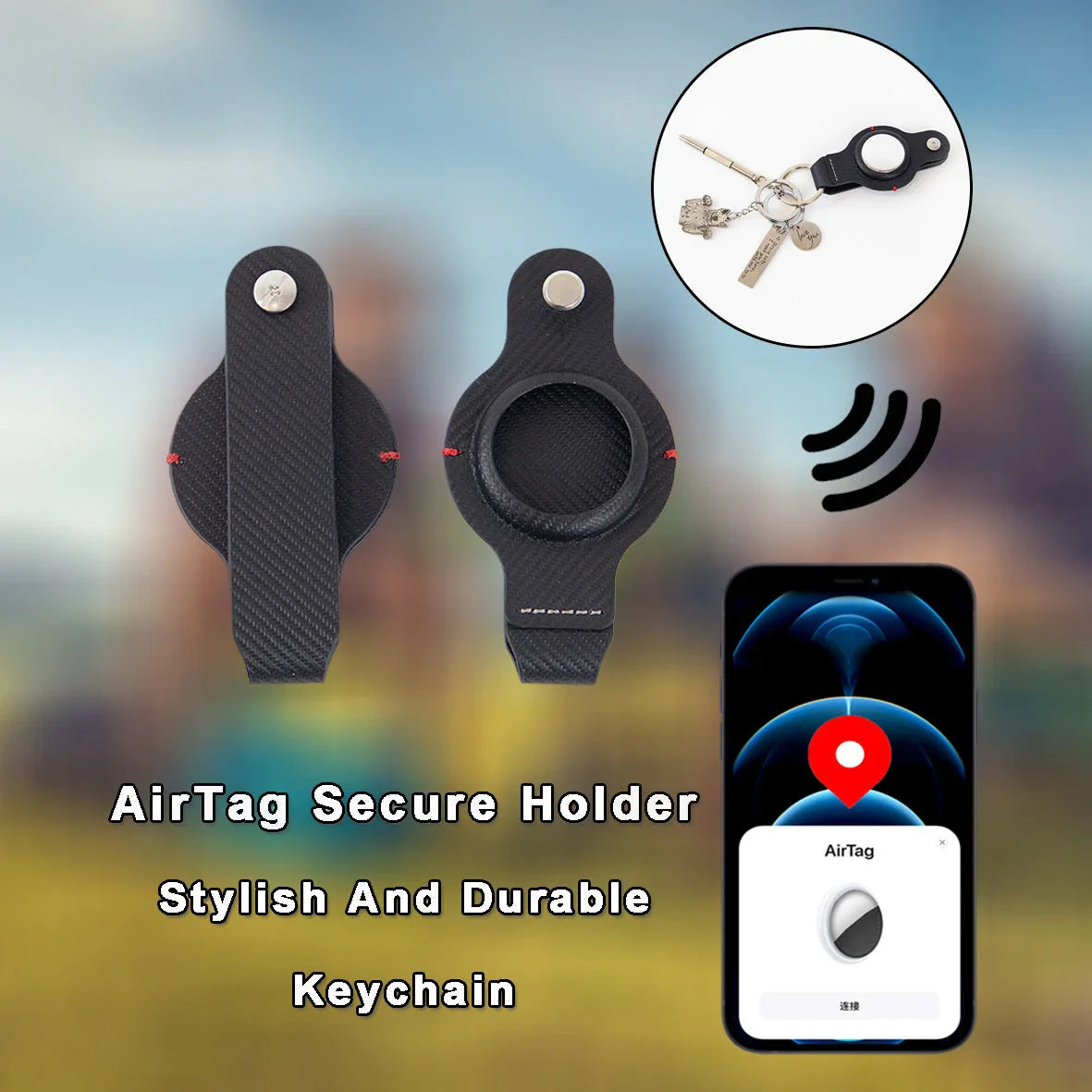 Stylish and secure AirTag holder keychain in black and grey PU leather, with a sturdy key ring for attaching to valuables