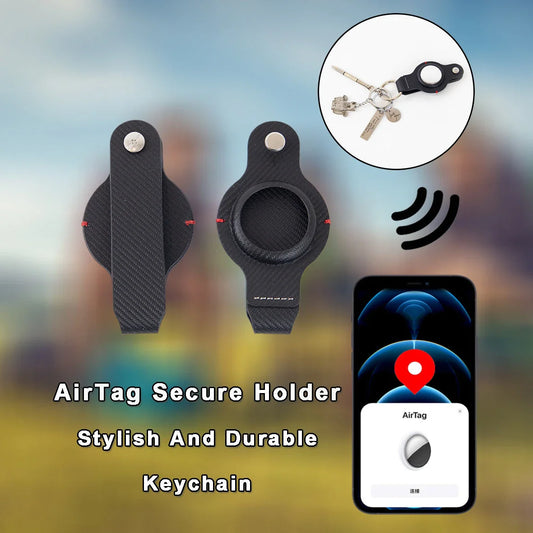 Stylish and secure AirTag holder keychain in black and grey PU leather, with a sturdy key ring for attaching to valuables