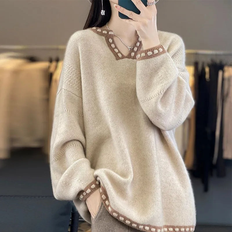 Women's V-neck pullover sweater in camel or white with long sleeves, sizes S to 3XL