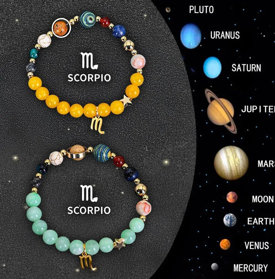 Two natural stone beaded bracelets with zodiac signs on adjustable cords, 8mm beads
