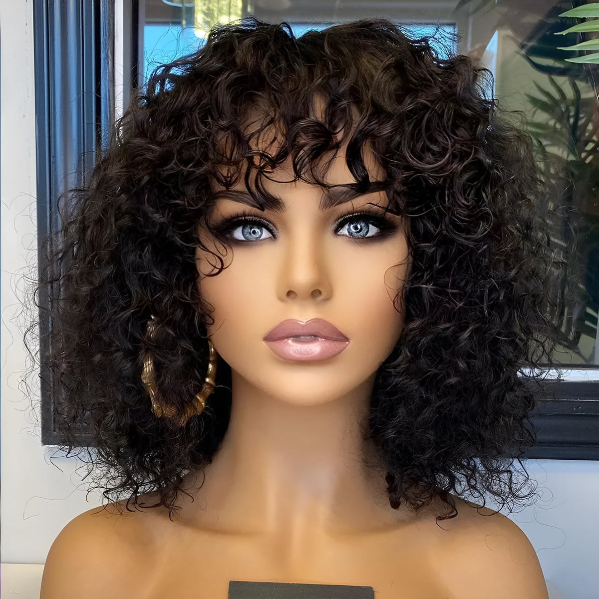 Deep curly black human hair wig with even and oblique bangs, 12 inch full head style