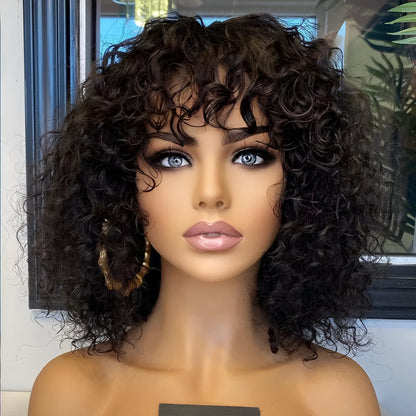 Deep curly black human hair wig with even and oblique bangs, 12 inch full head style