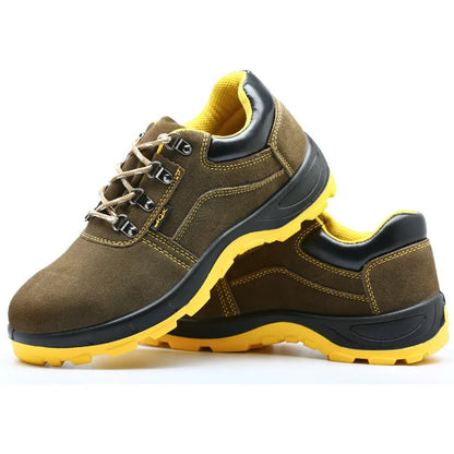 Bronze low-cut leather safety shoes with steel toe cap and patterned non-slip rubber sole.