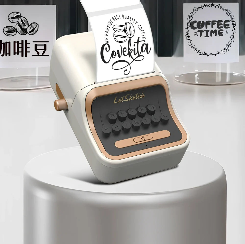 Portable thermal Bluetooth label printer measuring 135x92x60mm with included adhesive label rolls