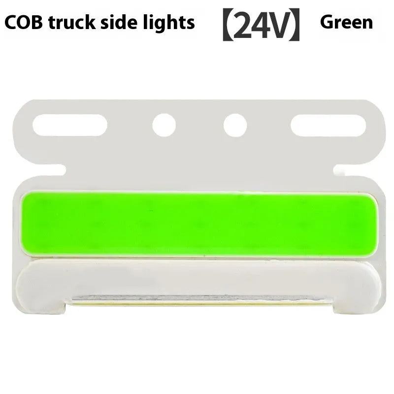 COB LED truck side light in aluminium alloy housing, showing red, yellow, green, blue, or white options for 12V and 24V vehicles