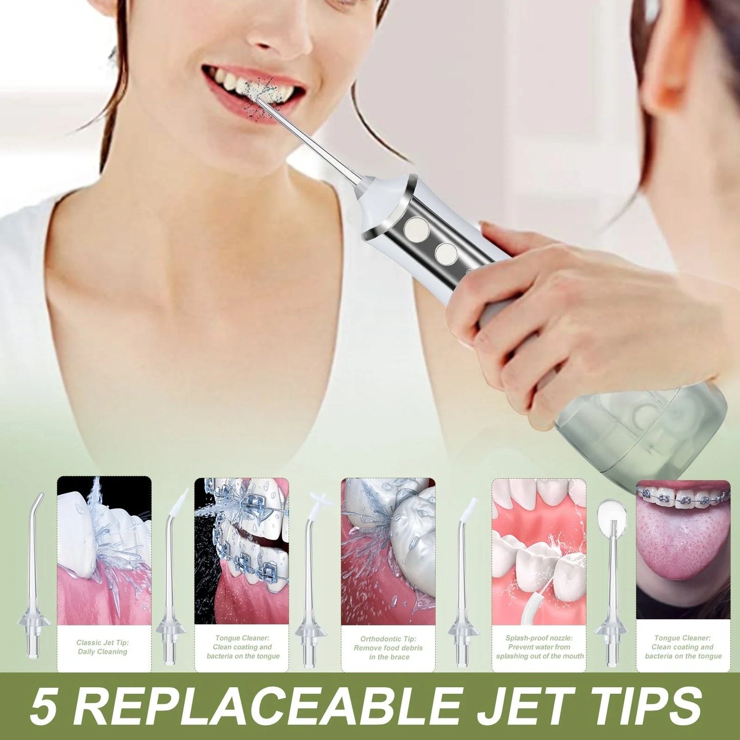 USB Rechargeable Oral Irrigator with 3 cleaning modes and 350ml water tank