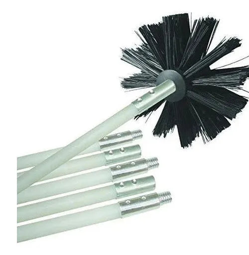 Flexible nylon brush for cleaning inside dryer pipes and range hood ducts, showing brush head and long pole