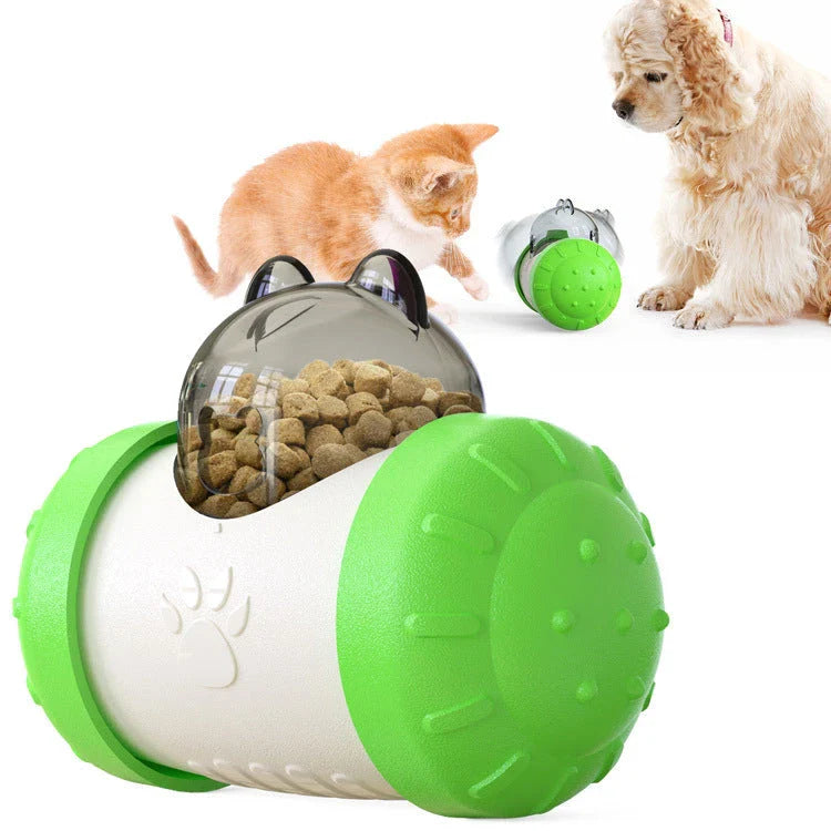 Colorful interactive food dispensing toy for cats and dogs, designed to engage and enrich your furry friend's mealtime experience