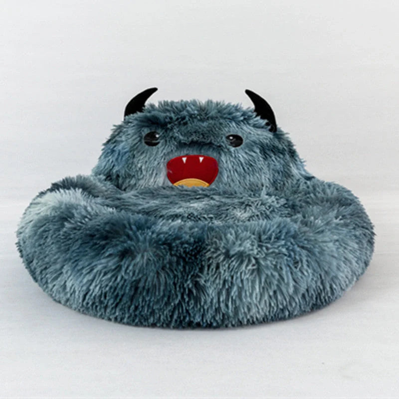 Round plush cat bed with animal embroidery in dark blue, perfect for winter warmth