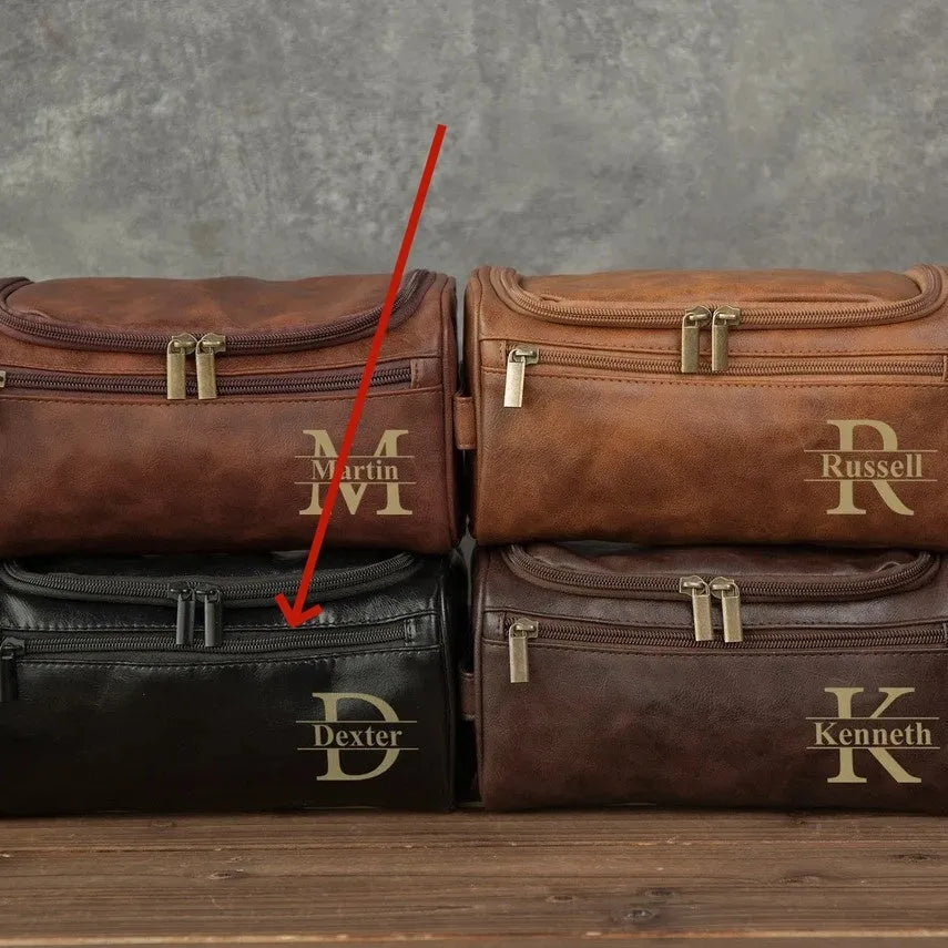 Men's leather-look PU toiletry bag shown in black, brown, dark brown, and light brown colour options.