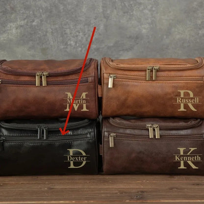 Men's leather-look PU toiletry bag shown in black, brown, dark brown, and light brown colour options.