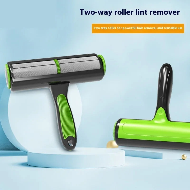 Handheld automatic pet hair lint roller with sticky rotating brush in green, blue, or grey colour