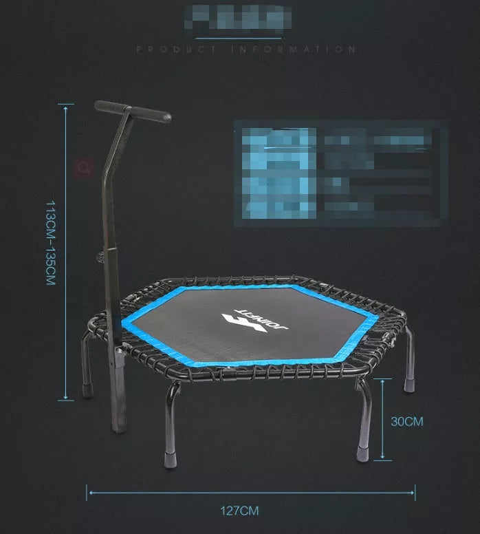 Hexagon trampoline with fitness handrail for home and gym use