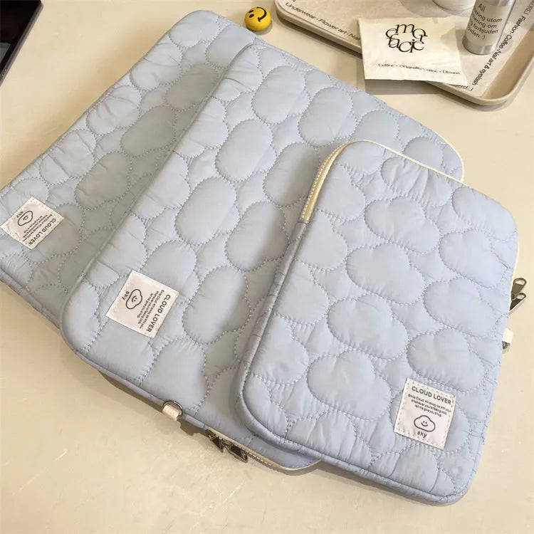 Cloud embroidery cotton notebook storage bag for iPad and tablet PC in white or blue, 11 to 15.6 inch sleeve