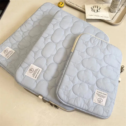 Cloud embroidery cotton notebook storage bag for iPad and tablet PC in white or blue, 11 to 15.6 inch sleeve