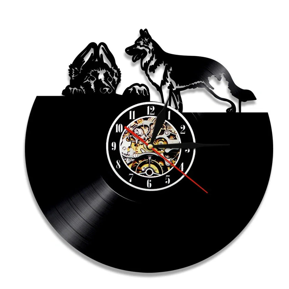 30cm vinyl record wall clock with dog breed designs, silent quartz movement, and pre-installed hook