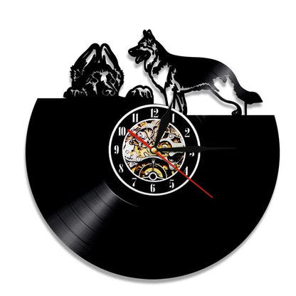 30cm vinyl record wall clock with dog breed designs, silent quartz movement, and pre-installed hook