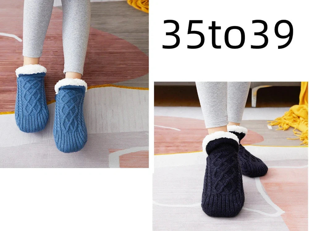 Winter woolen socks with V-opening design and anti-slip dots on soles in navy blue colour