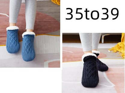 Winter woolen socks with V-opening design and anti-slip dots on soles in navy blue colour