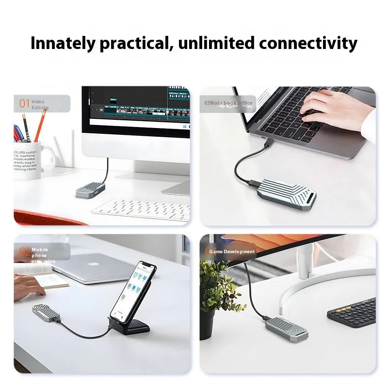 Silver and grey aluminium Thunderbolt 4 external SSD enclosure for M.2 drives with cooling fan option