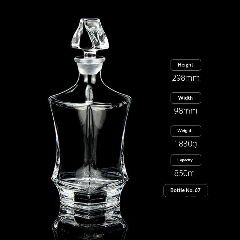 Hand-cut Bohemian crystal whiskey decanter with retro design and tapered pouring neck on wooden bar
