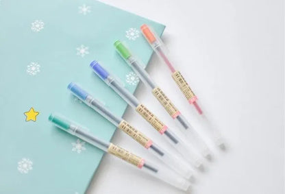 Muji Gel Pen 12-piece set showing 0.5mm nibs with ink prevention mechanism that reduces paper bleed