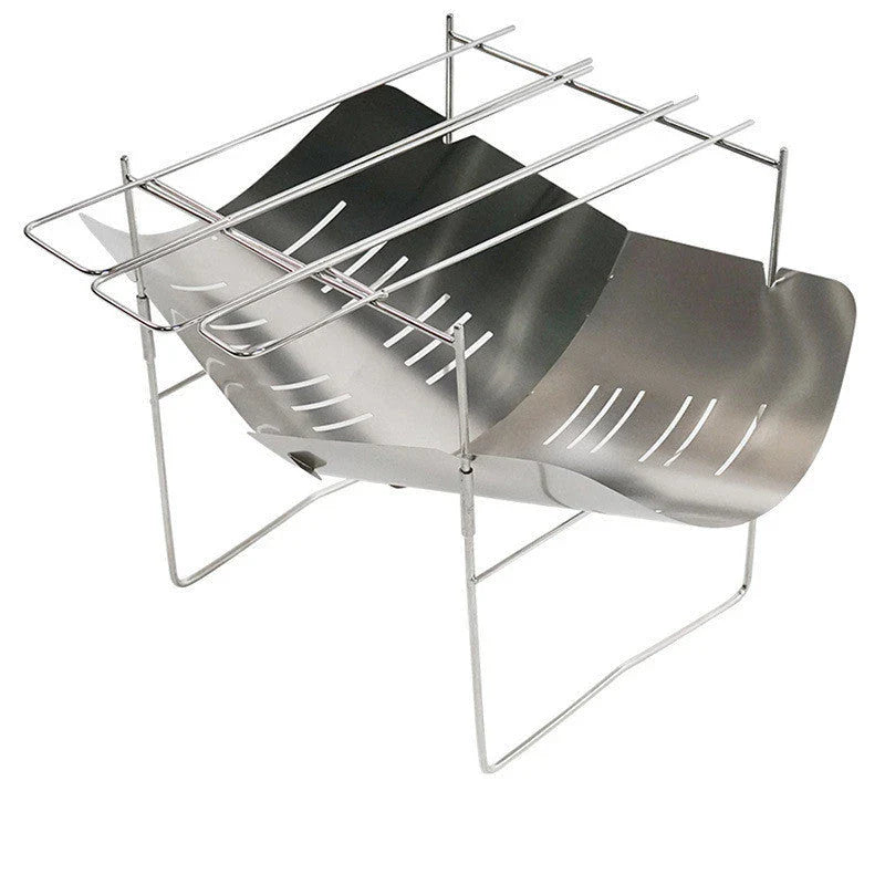 Portable folding outdoor camping stove with grill, made of titanium and stainless steel for durable and versatile outdoor cooking