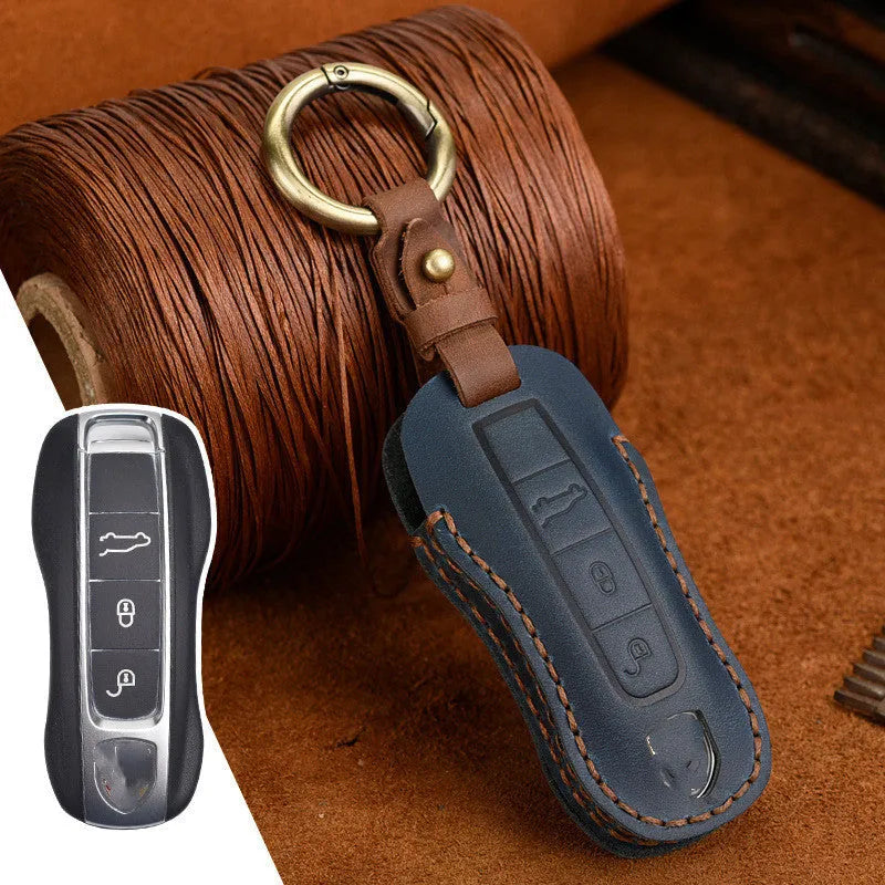 Porsche car key leather cover in blue with retro bag buckle for 4-key model