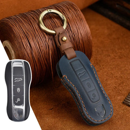 Porsche car key leather cover in blue with retro bag buckle for 4-key model