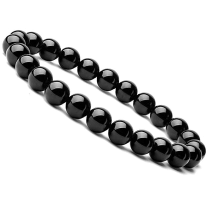 Geometric black agate bracelet for women with 8mm beads on a black elastic cord.