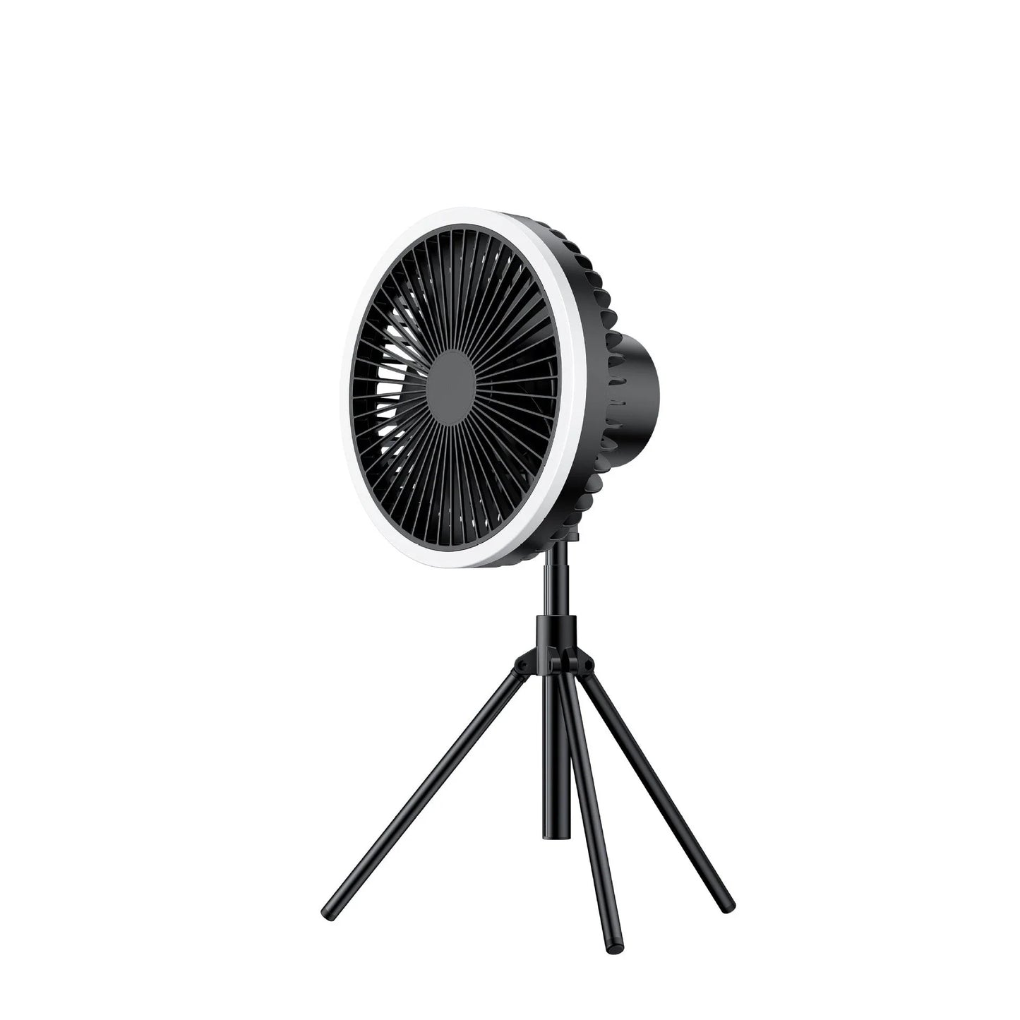 Versatile USB Rechargeable Camping Fan with Tripod Stand and Lantern, offering a premium aluminum alloy construction, 3-in-1 design, and powerful brushless motor for a refreshing outdoor experience.