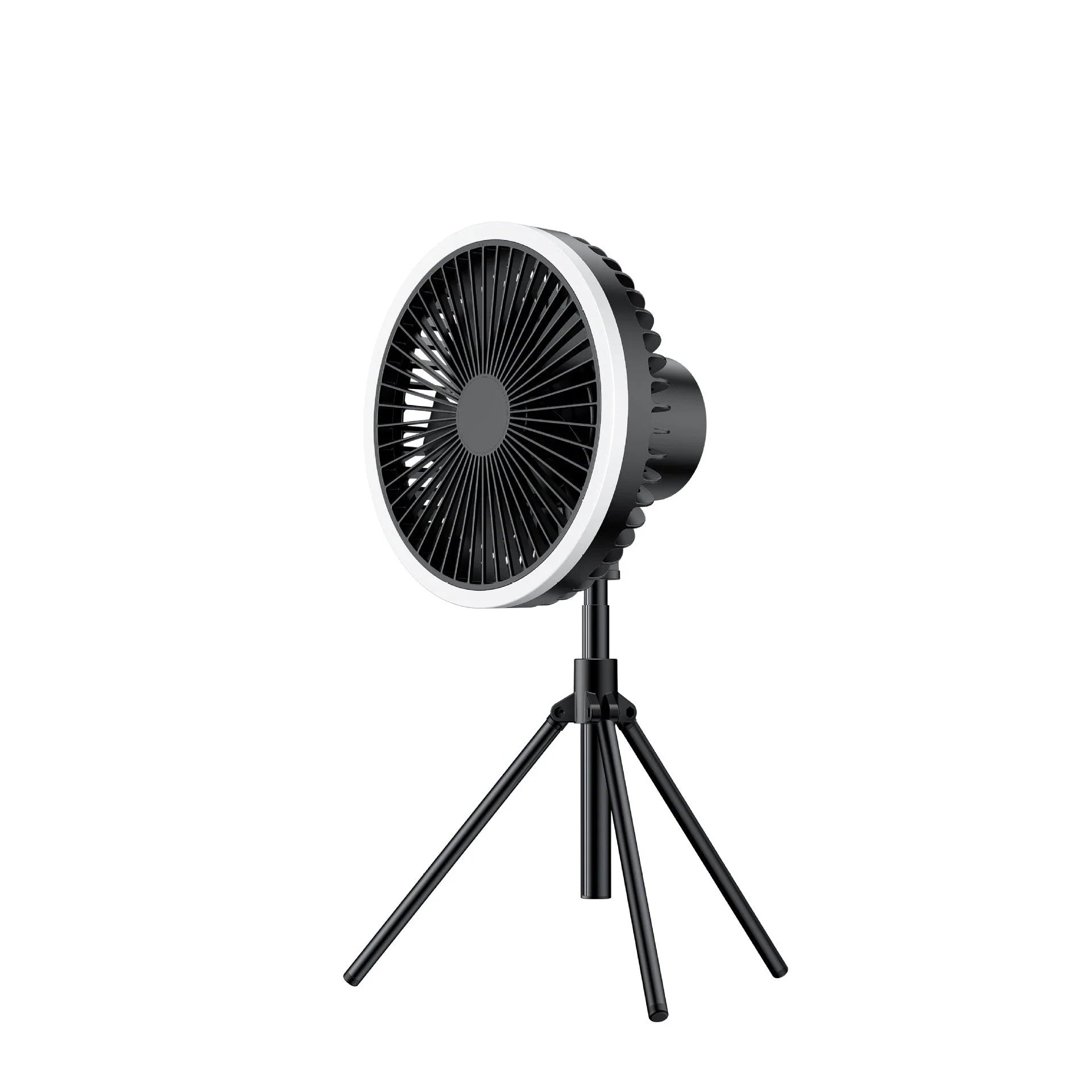 Versatile USB Rechargeable Camping Fan with Tripod Stand and Lantern, offering a premium aluminum alloy construction, 3-in-1 design, and powerful brushless motor for a refreshing outdoor experience.