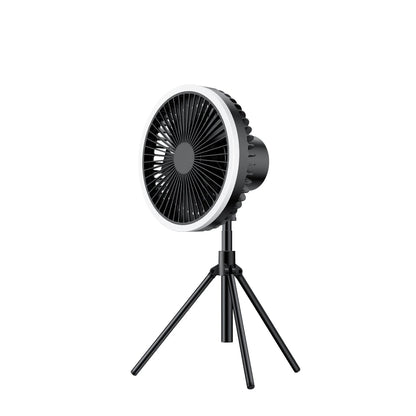 Versatile USB Rechargeable Camping Fan with Tripod Stand and Lantern, offering a premium aluminum alloy construction, 3-in-1 design, and powerful brushless motor for a refreshing outdoor experience.