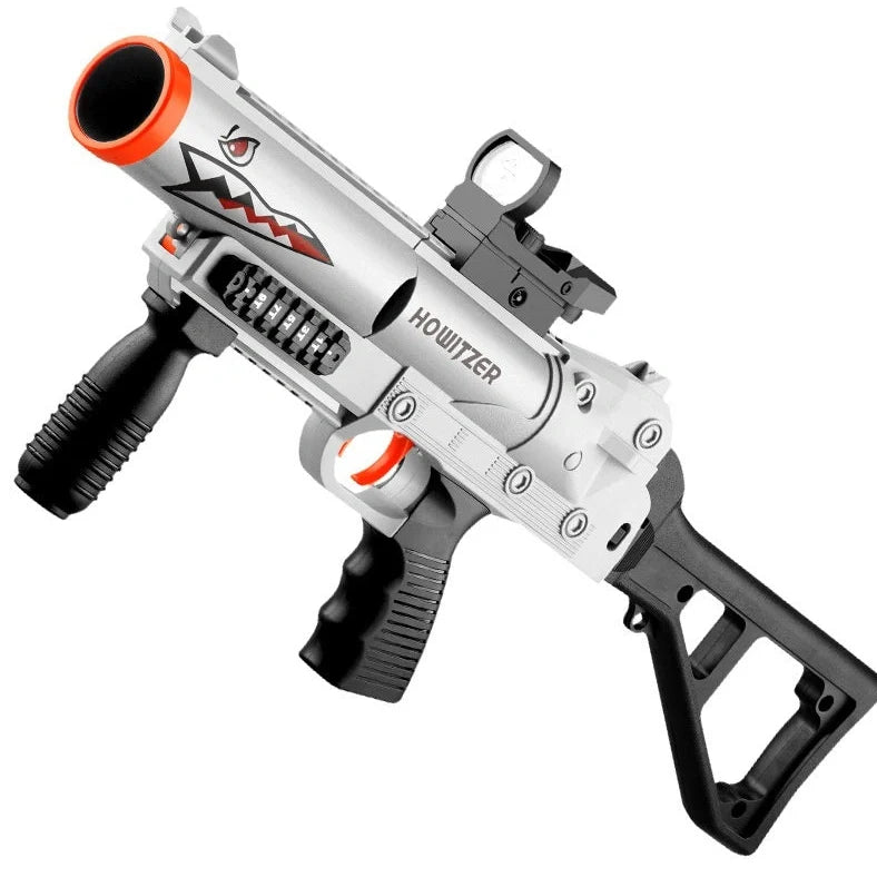 Three-series grenade launcher soft bullet gun in shark sand colour, showing 25cm length and textured grip surface