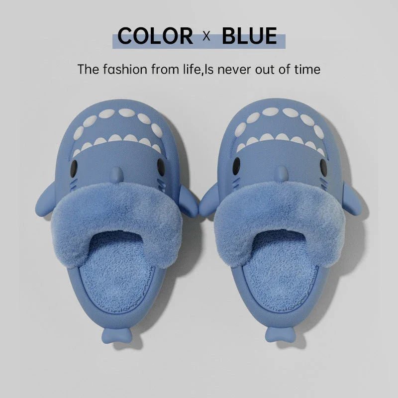 Cozy and stylish shark-themed house slippers with a plush, fuzzy upper and a durable, non-slip sole