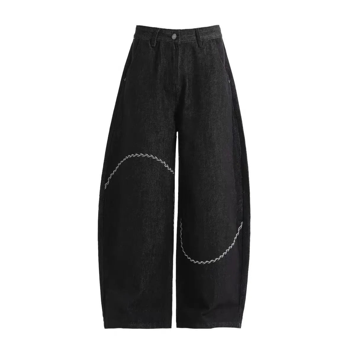 Black straight-leg polyester denim trousers with micro-elastic stretch and zip fly placket