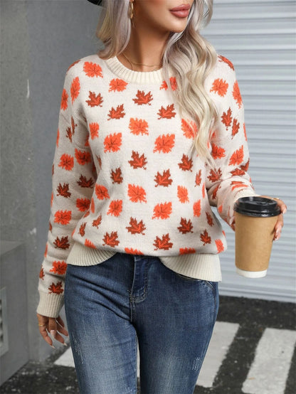 Beige and dark green Christmas sweater with maple leaf design, round neck, and loose fit