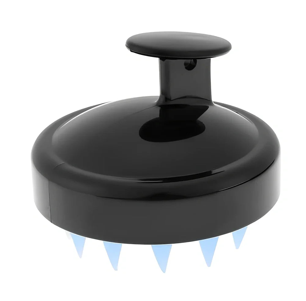 Black silicone shampoo brush with hook design measuring 8x8x7cm for scalp massage during hair washing