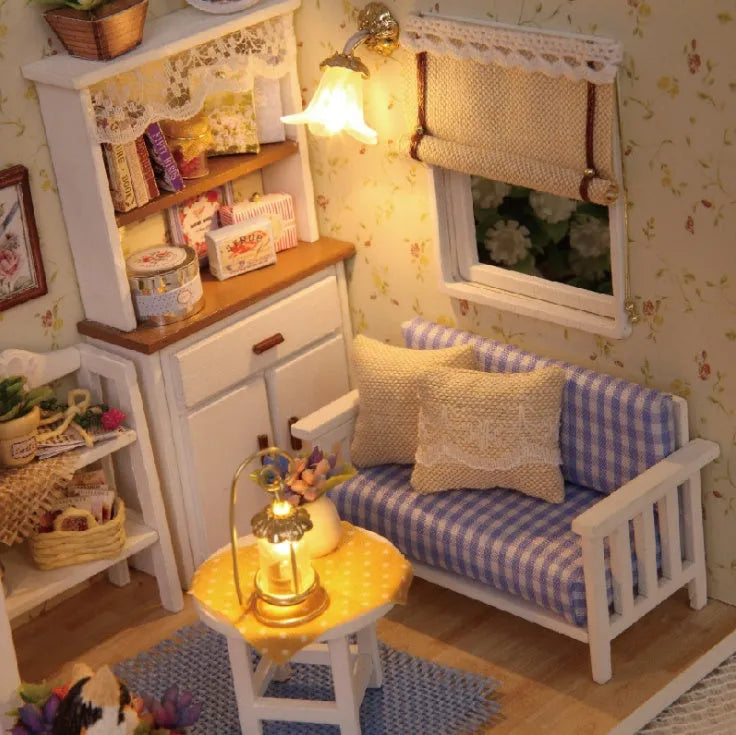Miniature wooden doll house DIY kit with furniture and accessories, Style A or B