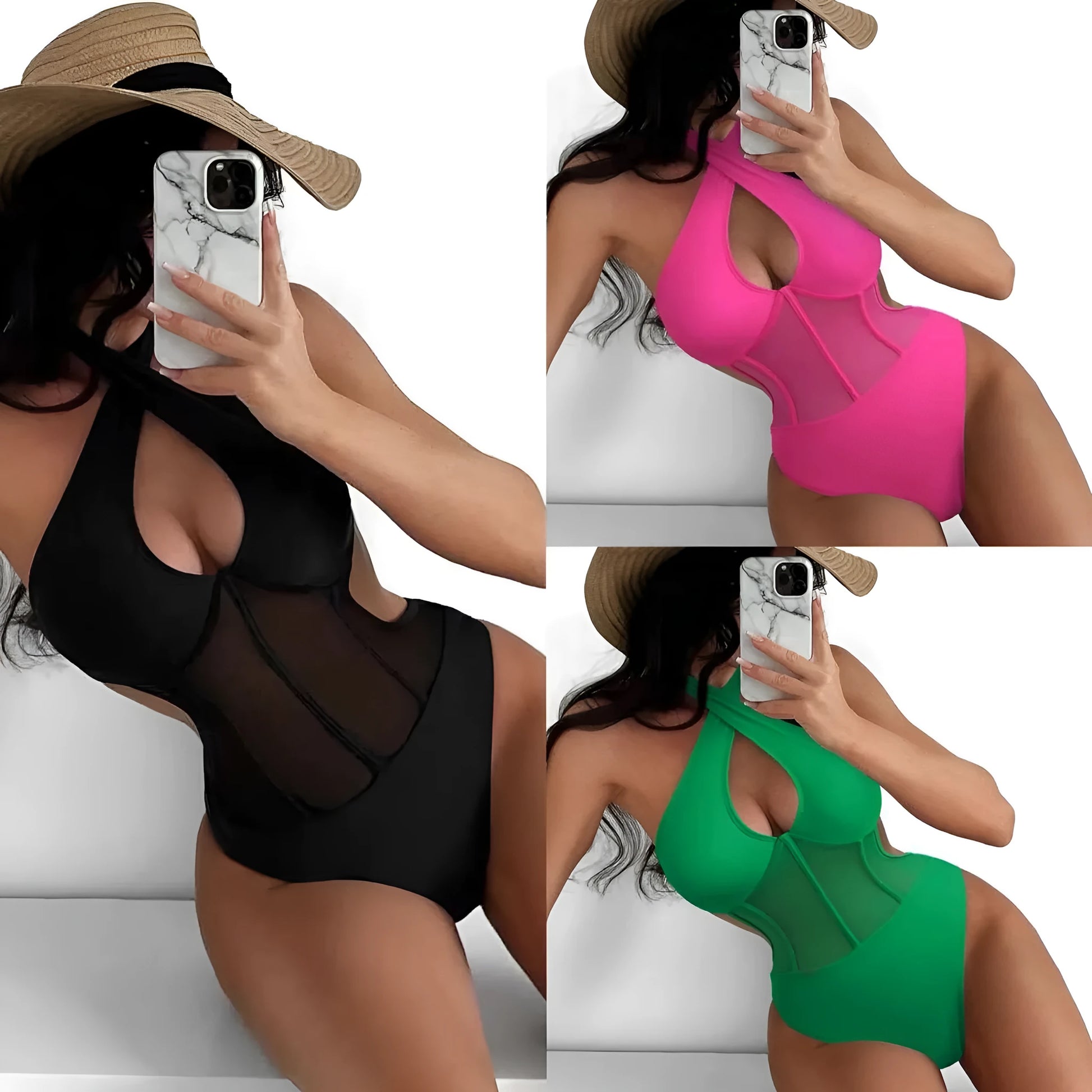 Women's one-piece swimsuit bikini in black, rose red, or green colour made from nylon-spandex fabric