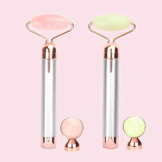 Electric Vibrating Natural Rose Quartz Jade Facial Roller with dual attachments for skincare