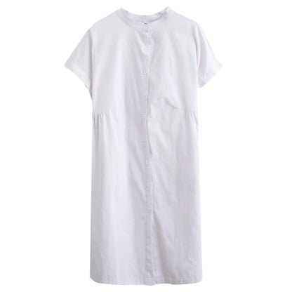 Literary Loose Plain Cotton and Linen Stand Collar Short Sleeves Dress in black and white