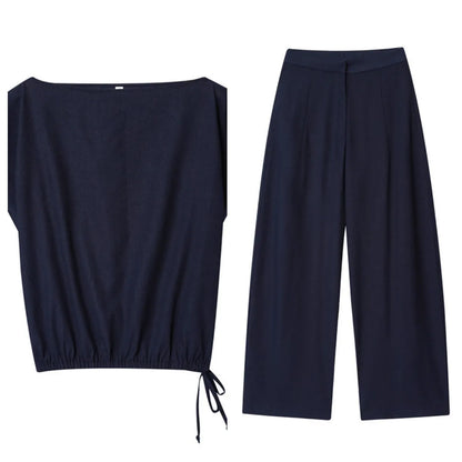Women's off-neck flounced sleeve linen-style top and wide leg trousers set in 100% polyester fabric